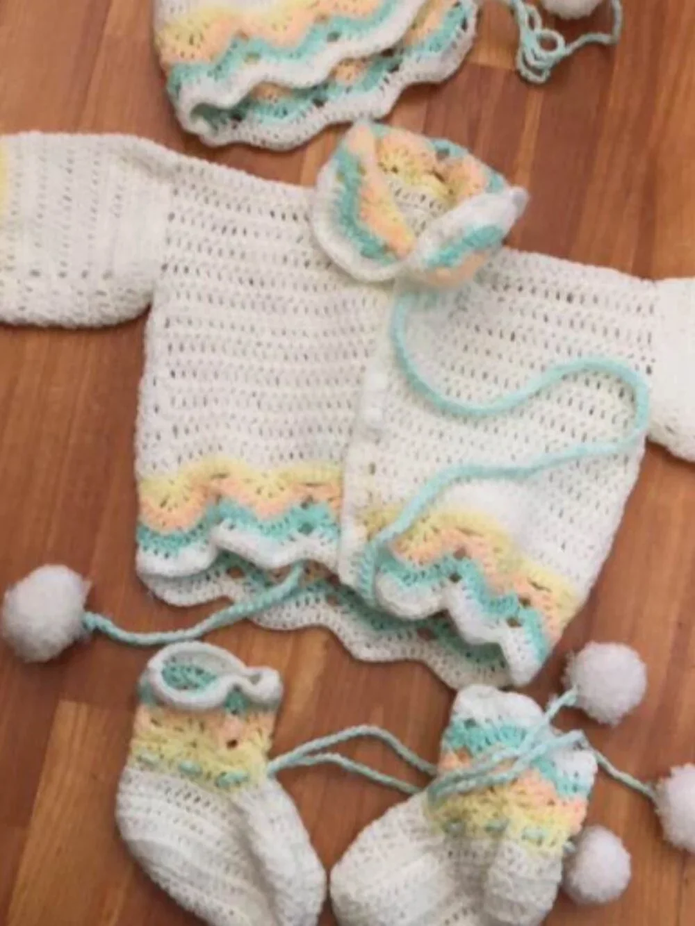 Hand-crocheted Baby Sweater, Bonnet and Booties
